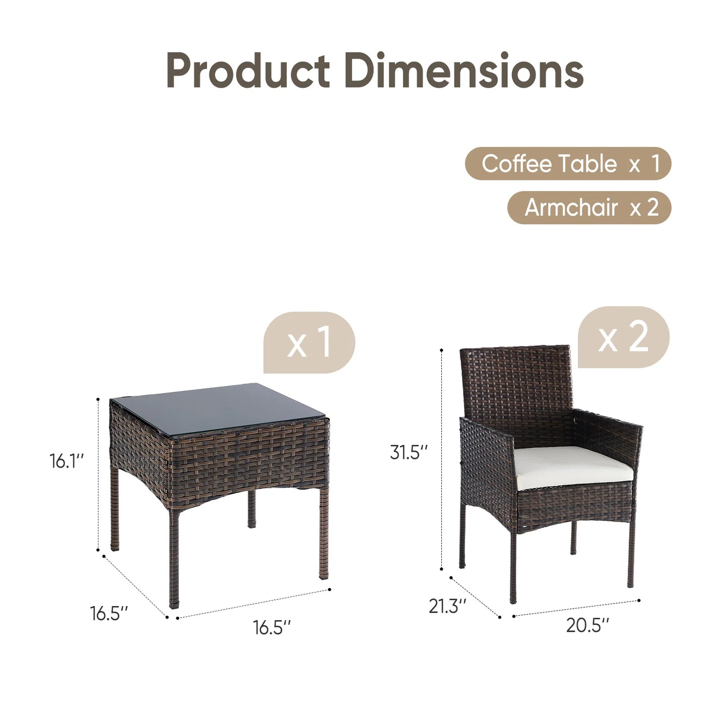JHK Outdoor Patio Set All-Weather Wicker Bistro With Glass Table