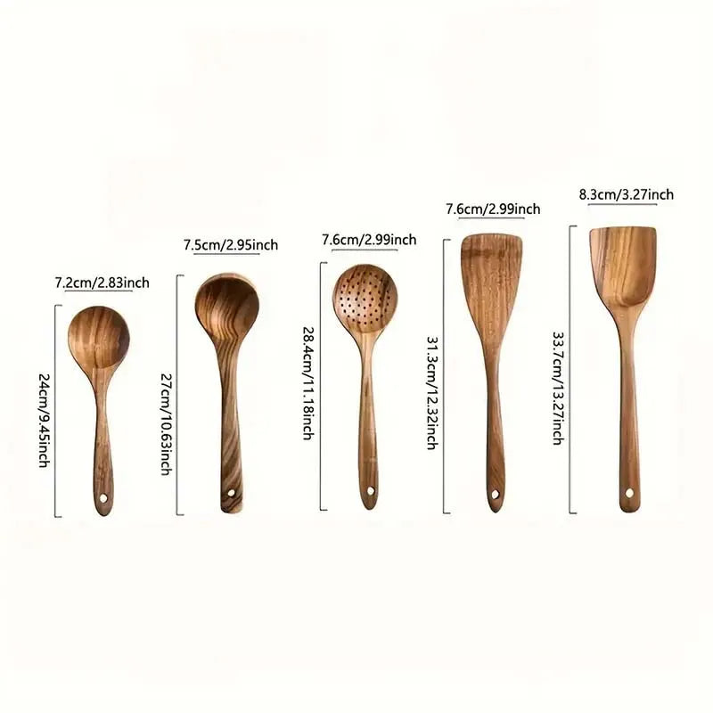 Natural Teak Five Piece Wooden Utensil Set for Nonstick Pans