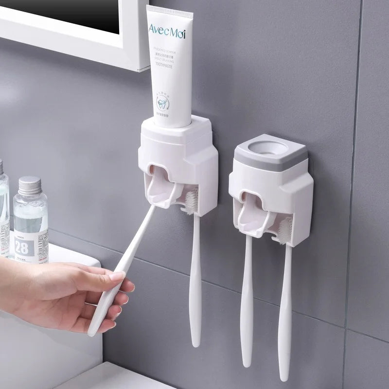 Automatic Toothpaste Dispenser And Wall Mount Toothbrush Holder Gadget