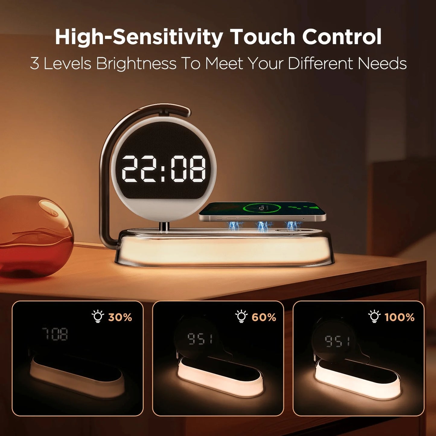 5-In-1 Alarm Clock Night Light With 15W Wireless Charger