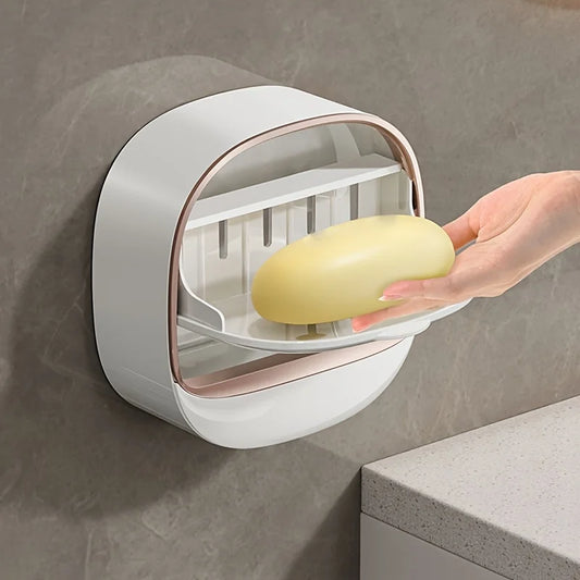 Wall Mounted Soap Box With Lid Drainage Tray Bathroom Organizer
