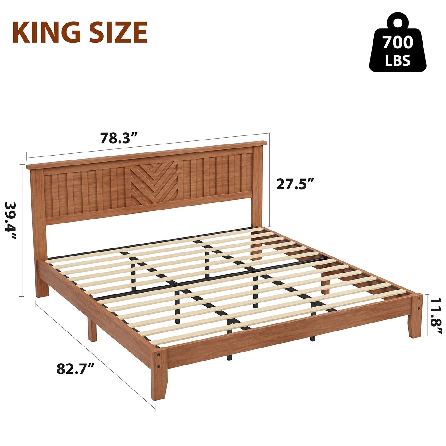 Full Queen King Wooden Platform Bed Frame With V Pattern Headboard, Noise Free Wood Slats, Underbed Storage, No Box Spring Needed
