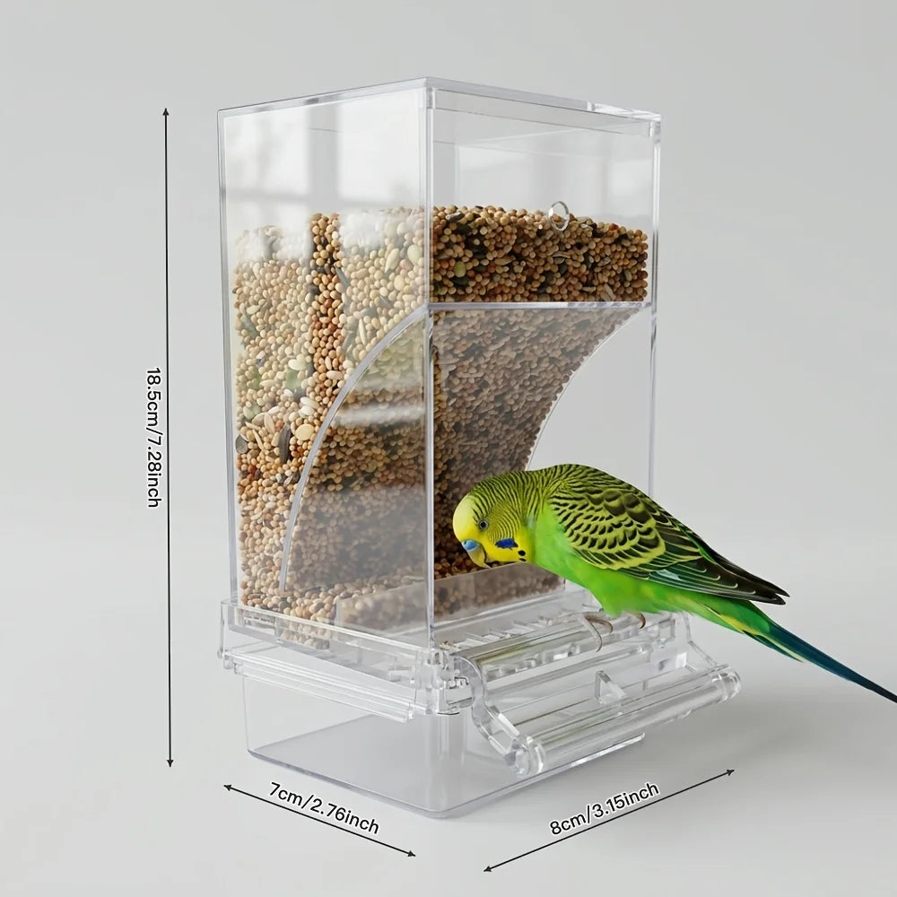 No Mess Clear Acrylic Bird Feeder Seed Dispenser Spill Proof Cage Accessory