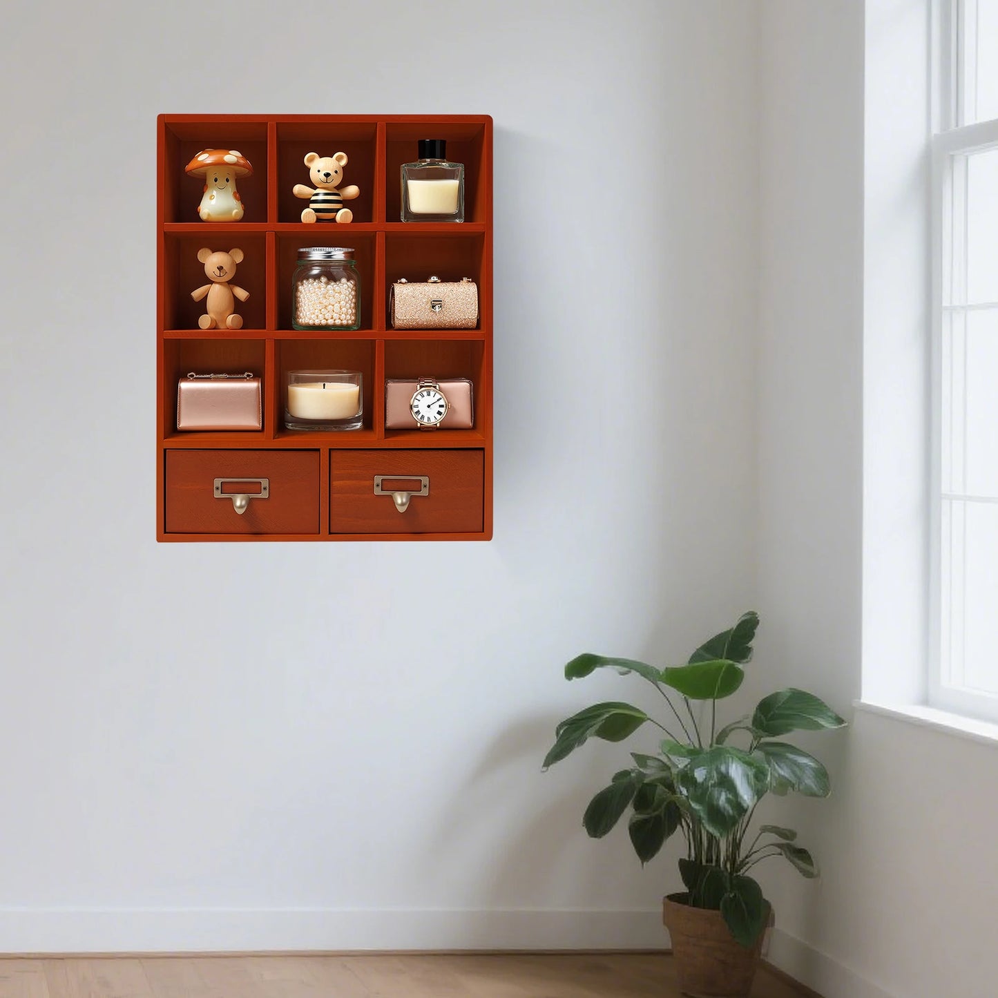 Nine-Compartment Wooden Storage Cabinet With Drawers
