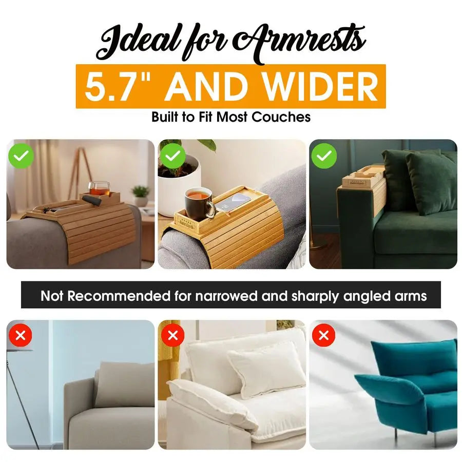 Bamboo Couch Armrest Tray With Cup Holder And Coasters