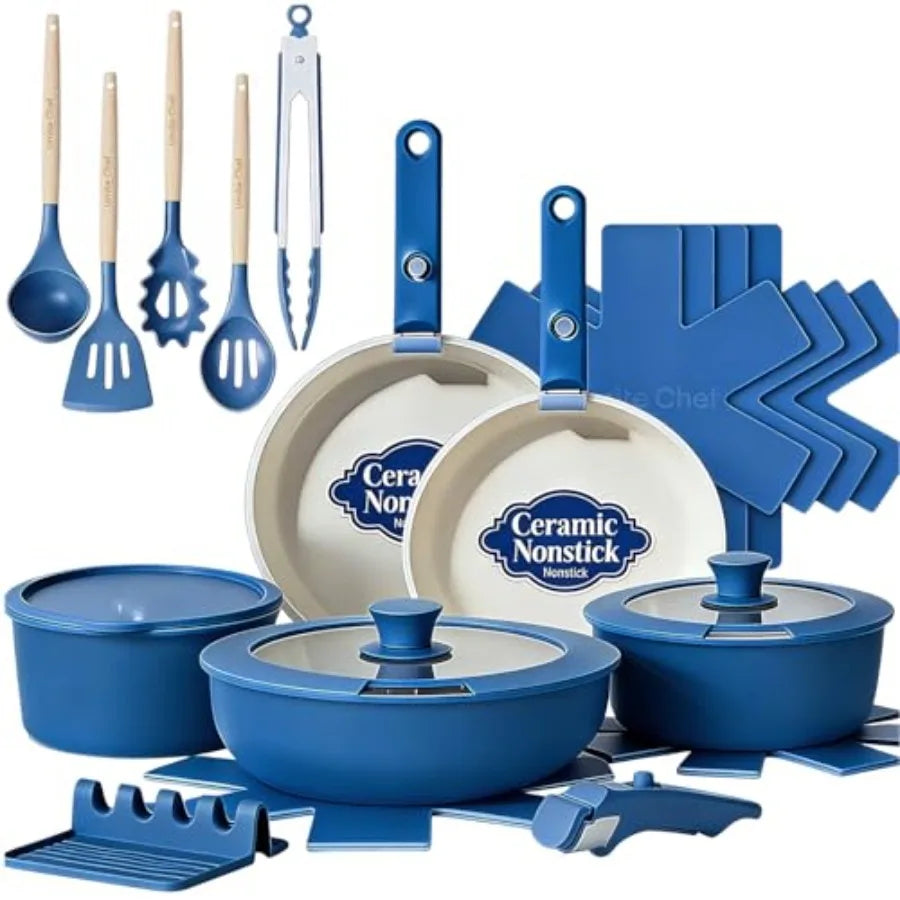 21Pcs Pots and Pans Set Non Stick, Nonstick Cookware Sets Detachable Handle, Non Toxic Induction RV Kitchen Cooking Set, Dishwa