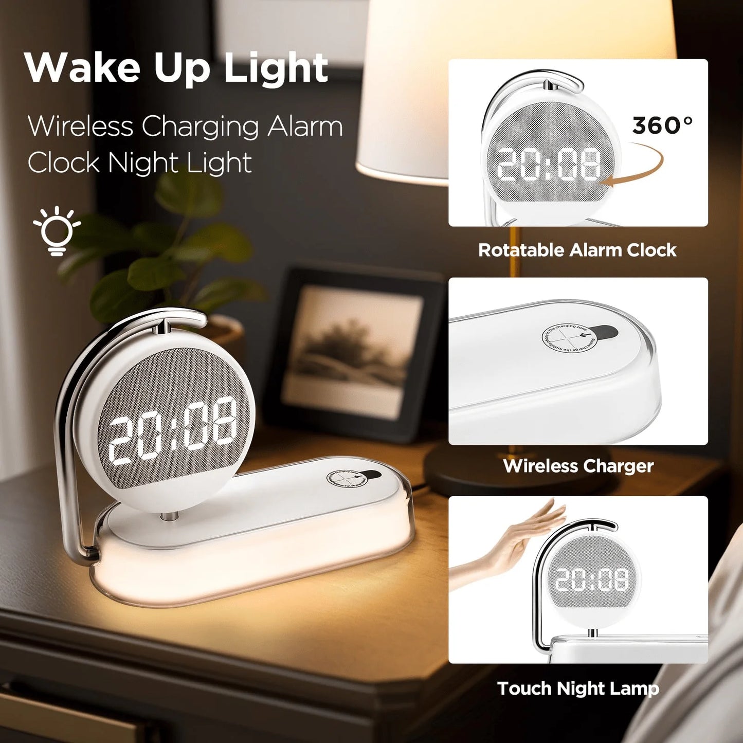 5-In-1 Alarm Clock Night Light With 15W Wireless Charger