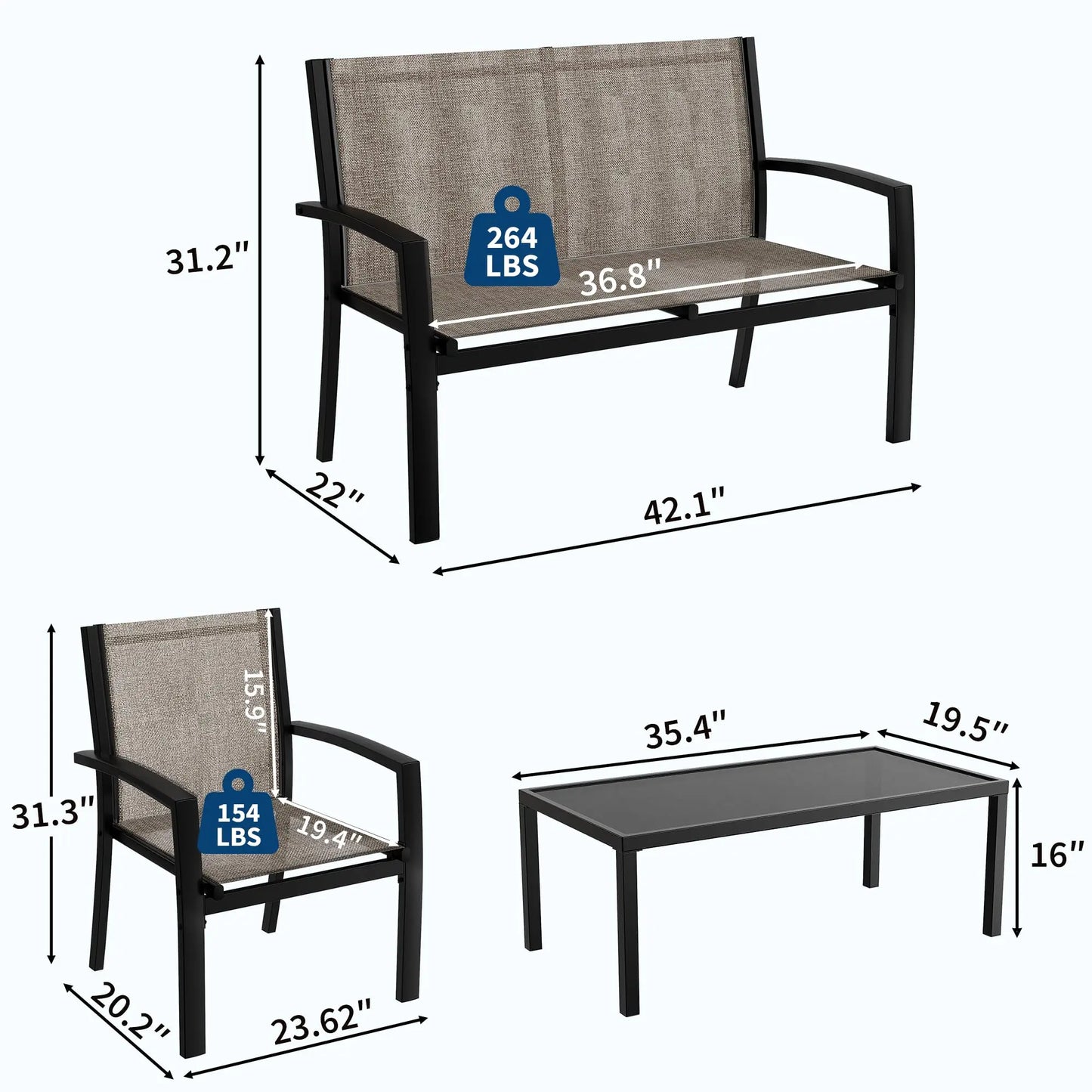 HobbyLane Modern 4 Piece Metal Patio Set With Mesh Table