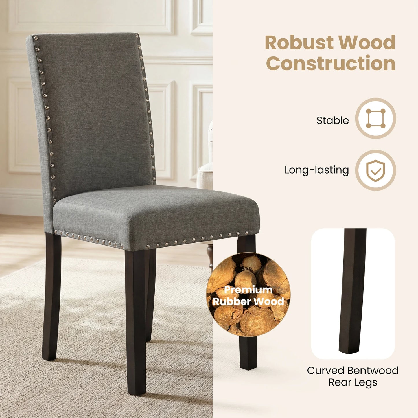 HOMASIS Set Of 4 Grey Upholstered Wooden Dining Chairs