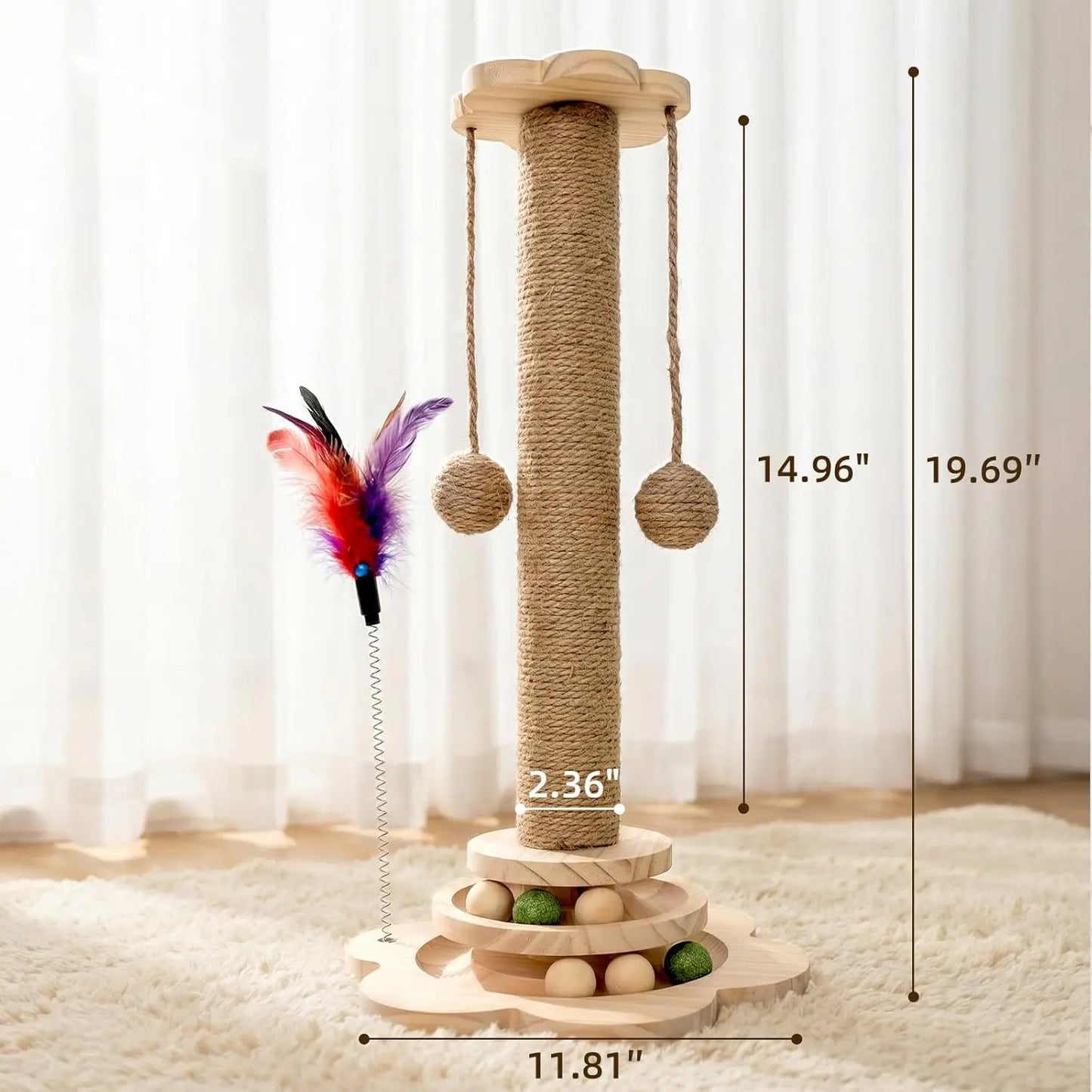 4 In 1 Cat Scratch Post Wooden Cat Scratcher With 2 Tier Catnip Balls
