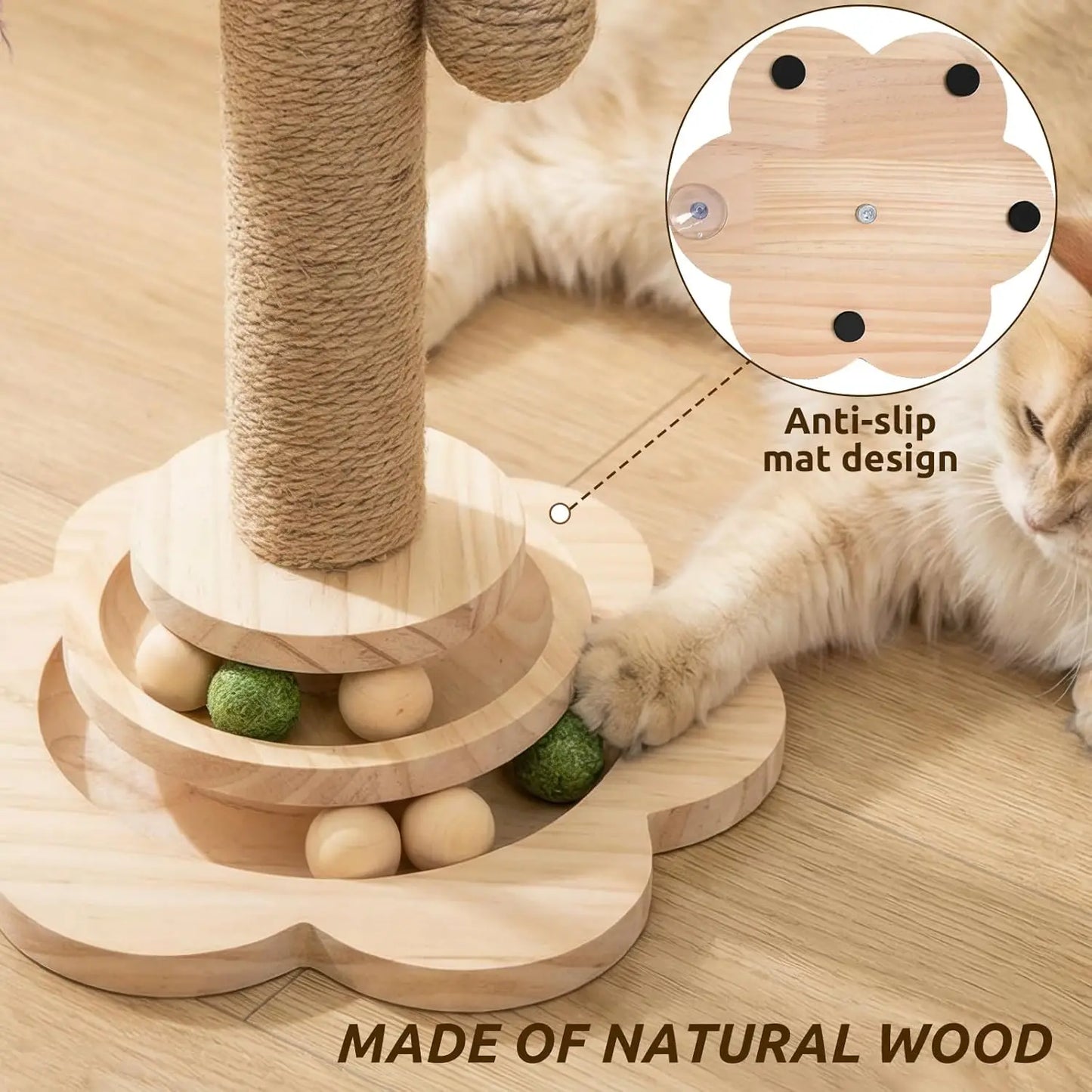 4 In 1 Cat Scratch Post Wooden Cat Scratcher With 2 Tier Catnip Balls