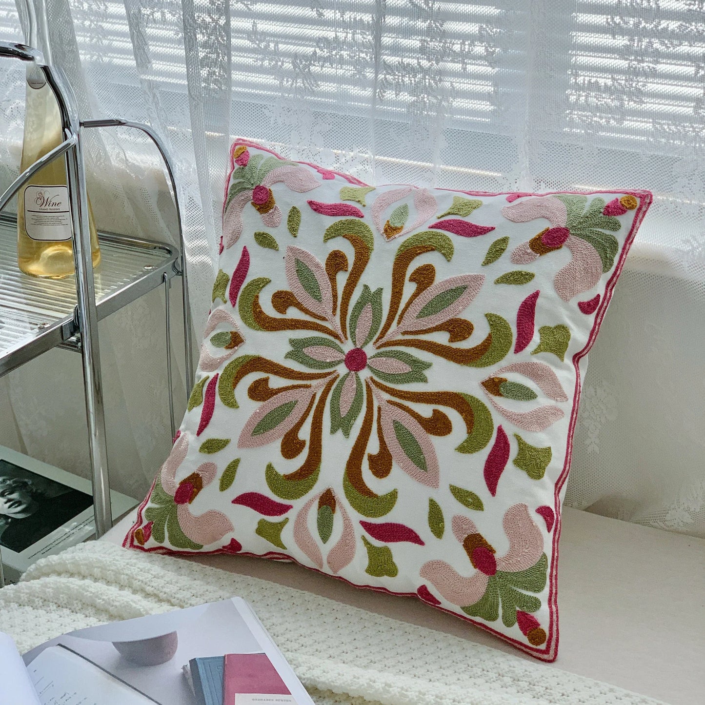 Ethnic Style Floral Embroidered Cotton Pillow Cover