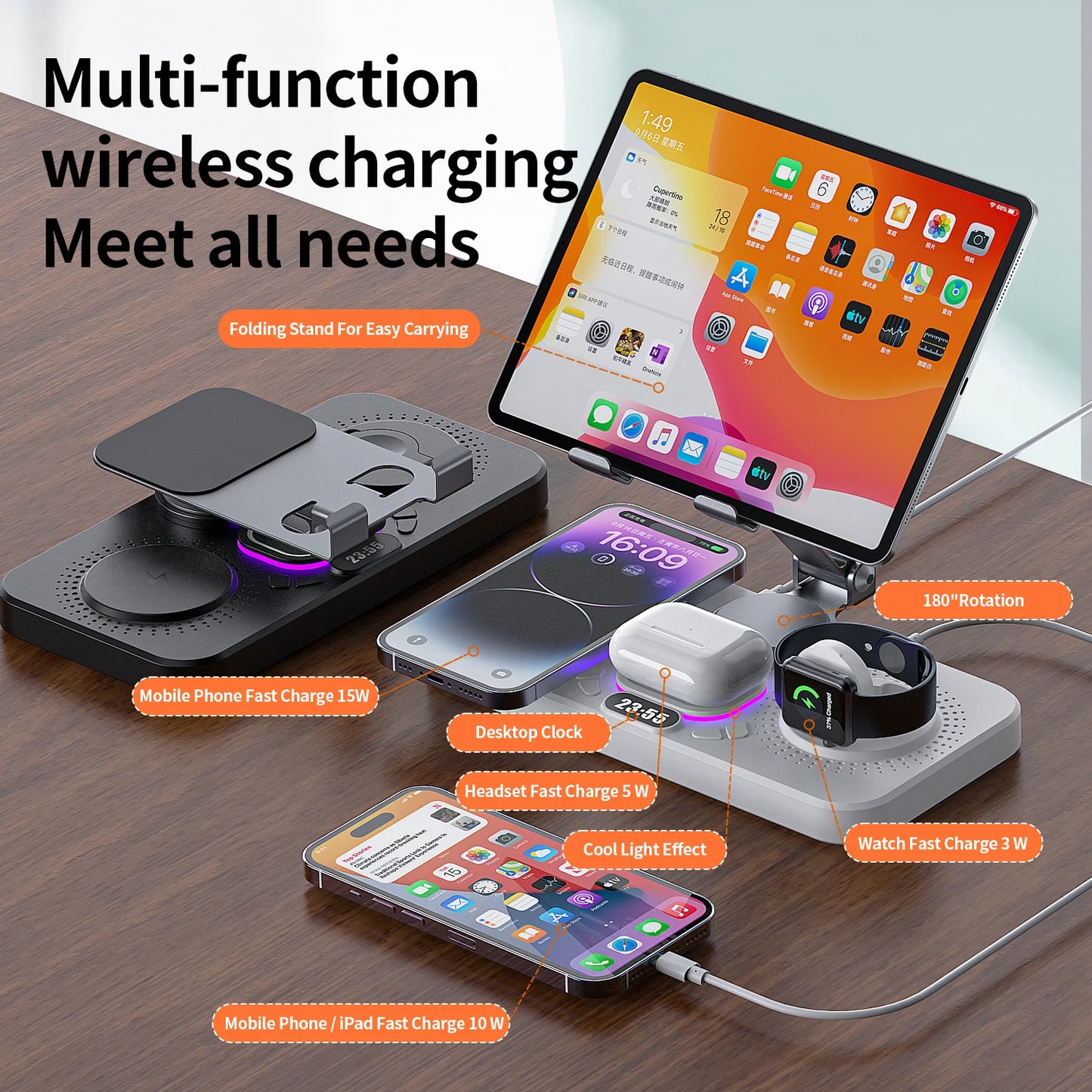 7 In 1 Wireless Charger Station 15W Foldable Alarm Clock