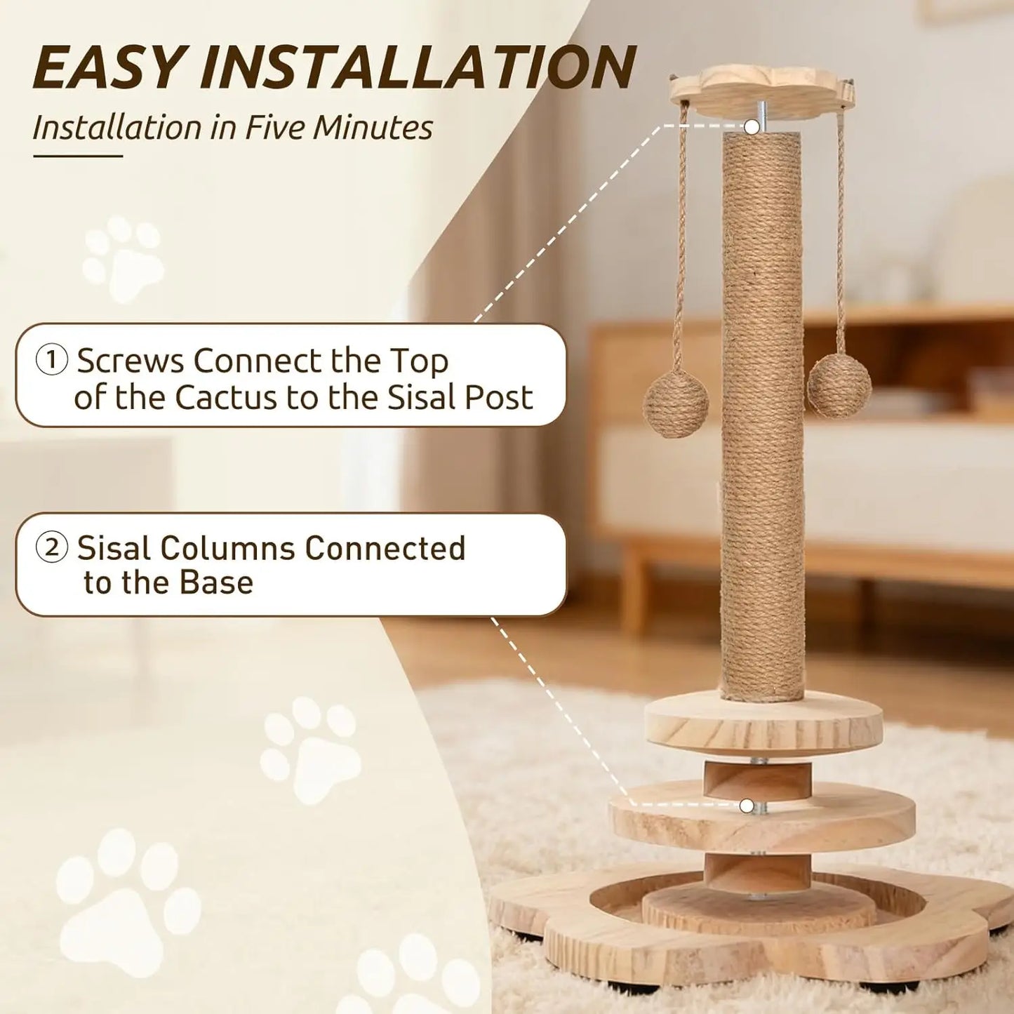 4 In 1 Cat Scratch Post Wooden Cat Scratcher With 2 Tier Catnip Balls