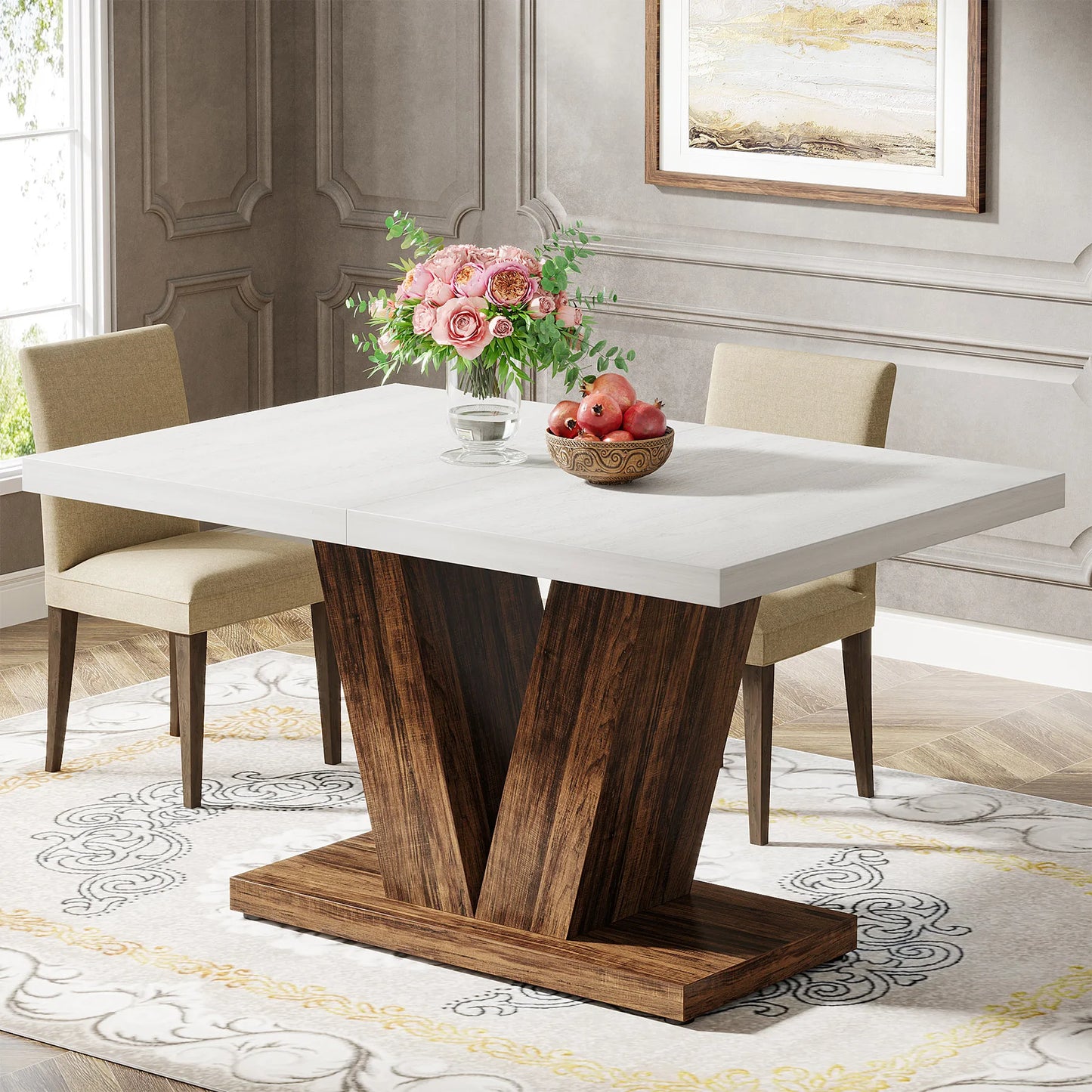 Tribesigns Farmhouse Wooden Dining Table With Heavy Duty Pedestal Kitchen, No Chairs