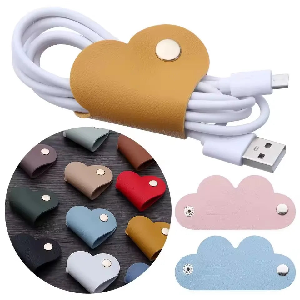 PU Leather Cable Organizer Heart Shaped Clip For Cables