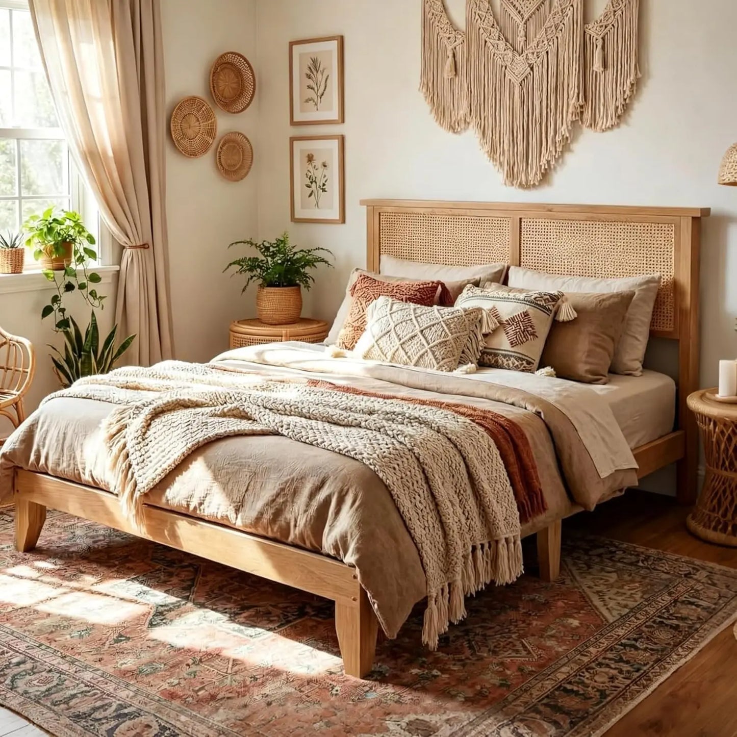 Queen Size Rattan Bed Frame with LED Lights, Boho Platform Bed with Rattan Headboard, Wooden Slats Support, No Box Spring Needed, Noise-Free, Easy Assembly, for Bedroom