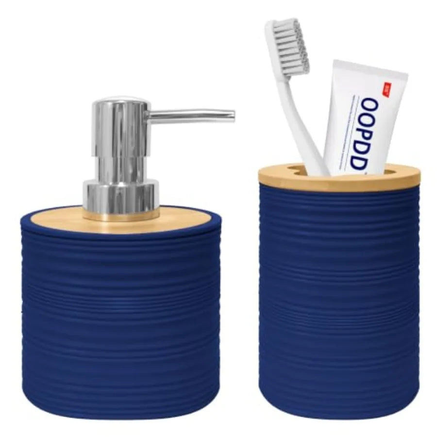Bamboo Bathroom Accessories Set Soap Dispenser And Toothbrush Holder Boho