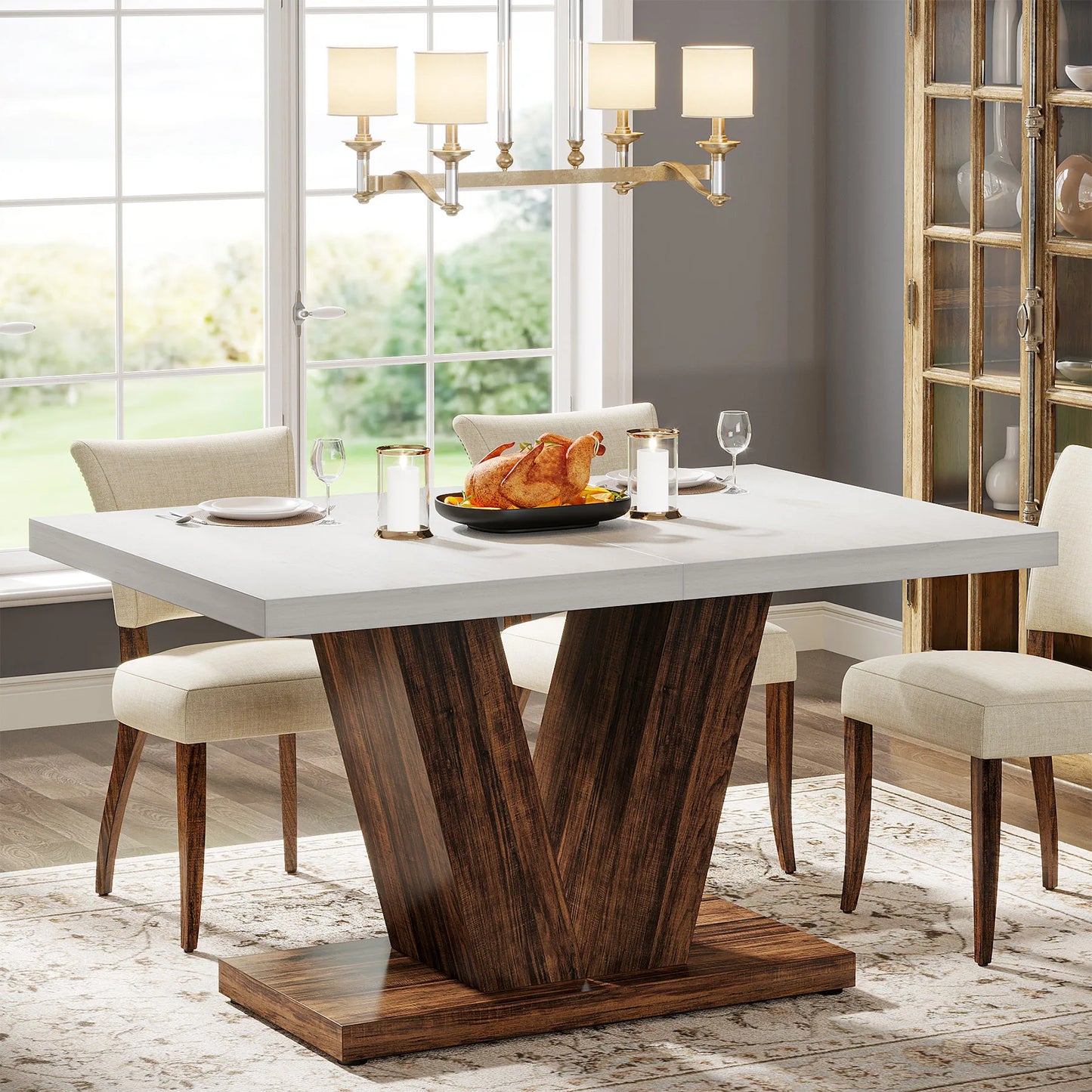 Tribesigns Farmhouse Wooden Dining Table With Heavy Duty Pedestal Kitchen, No Chairs