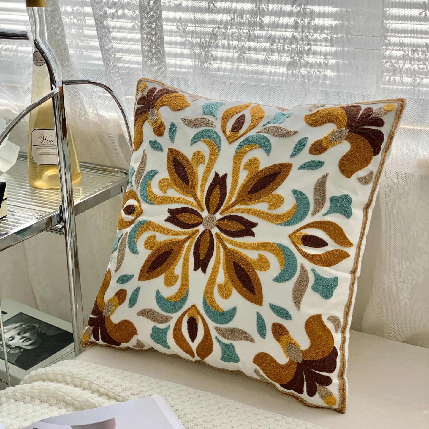 Ethnic Style Floral Embroidered Cotton Pillow Cover