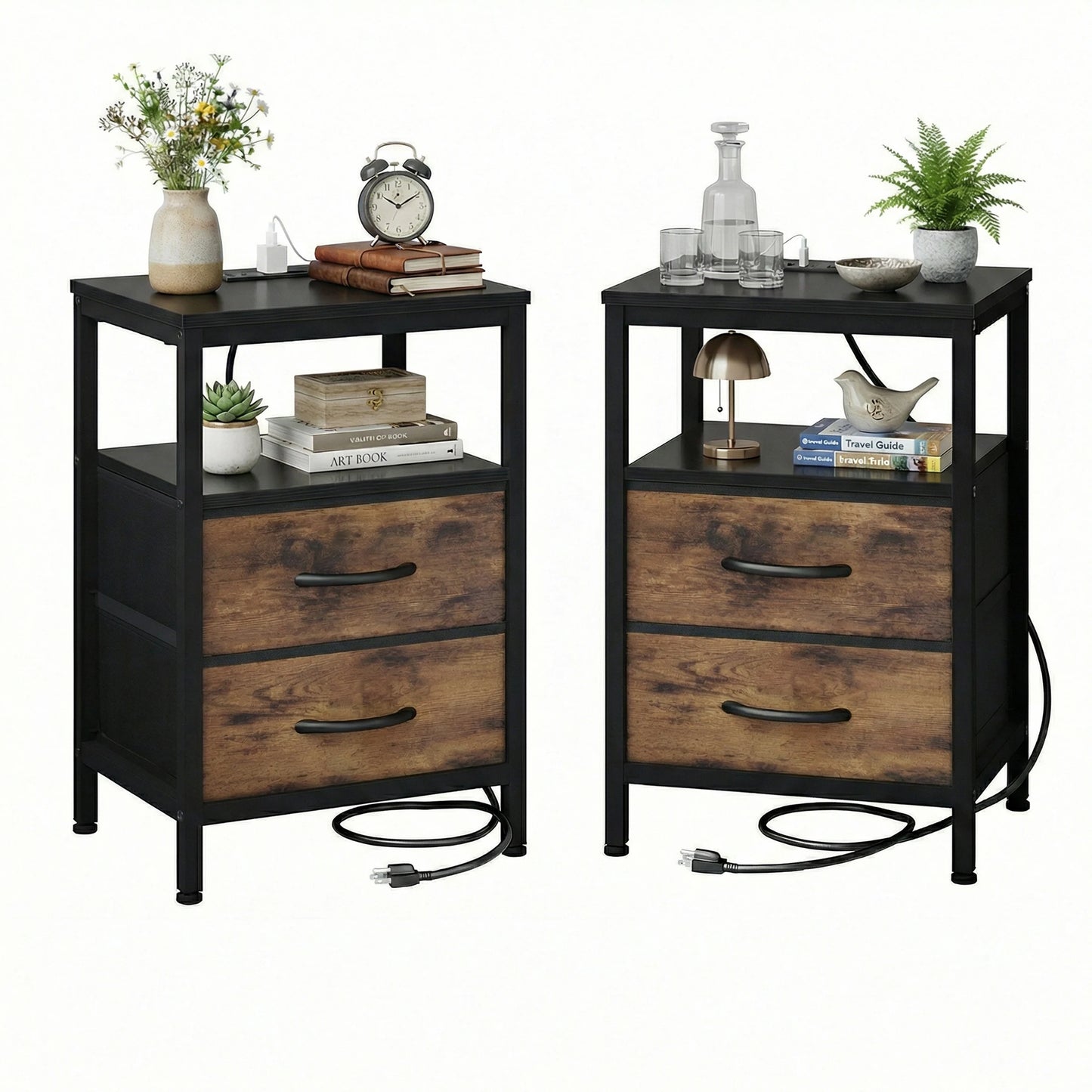 JHK 2 Fabric Drawers Nightstands Set of 2 with Open Shelf Bedside Table with USB Ports Charging Station for Living Room Bedroom