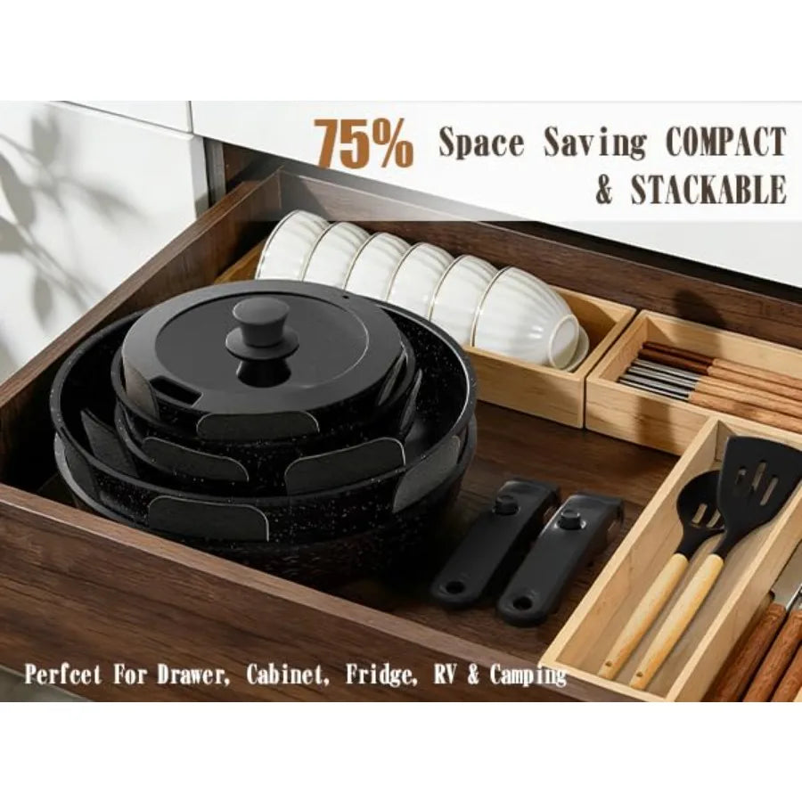 21Pcs Pots and Pans Set Non Stick, Nonstick Cookware Sets Detachable Handle, Non Toxic Induction RV Kitchen Cooking Set, Dishwa
