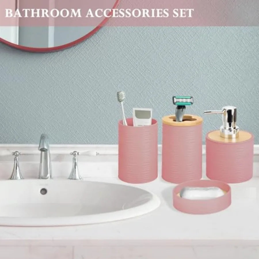 Bamboo Bathroom Accessories Set 4 Piece With Soap Dispenser