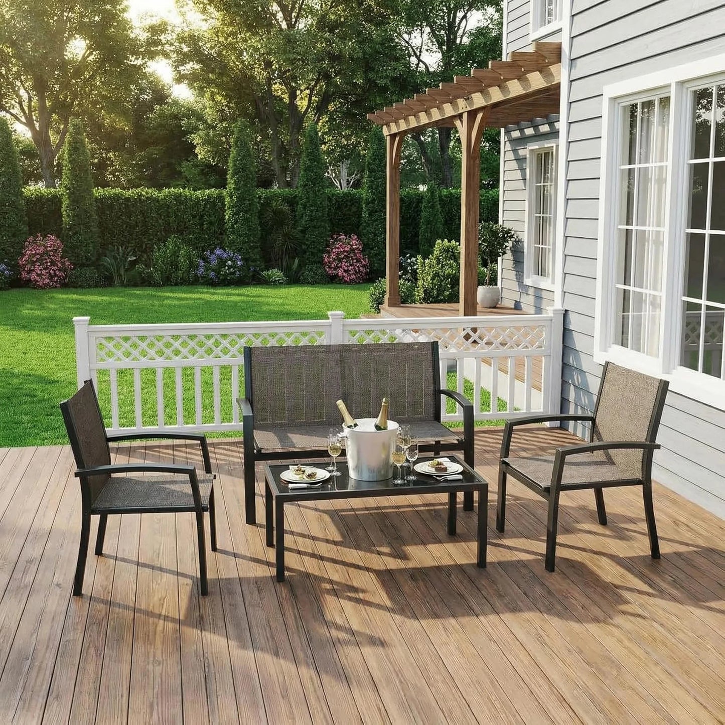 HobbyLane Modern 4 Piece Metal Patio Set With Mesh Table