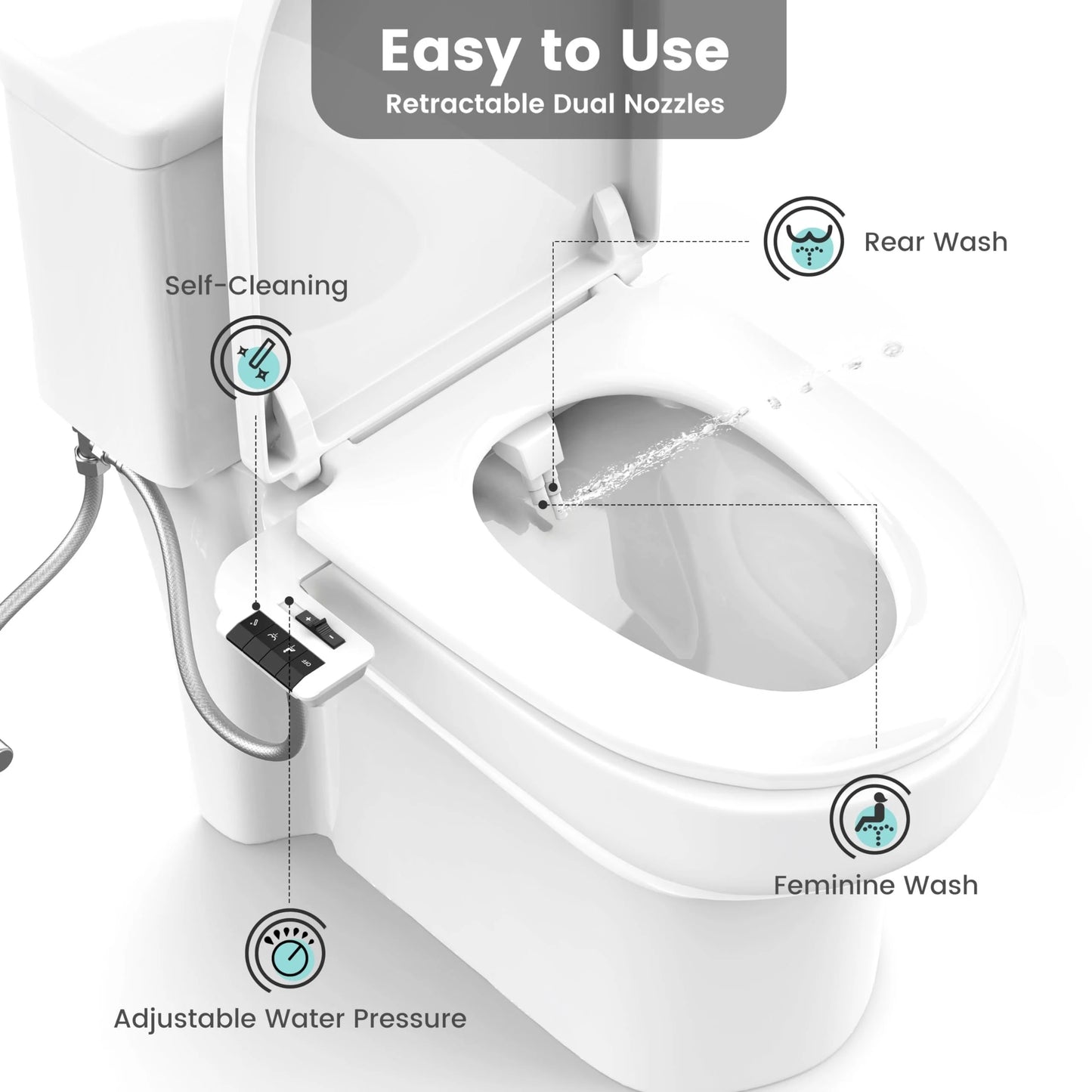 Dual Nozzle Bidet Attachment for Toilet With Adjustable Water Pressure