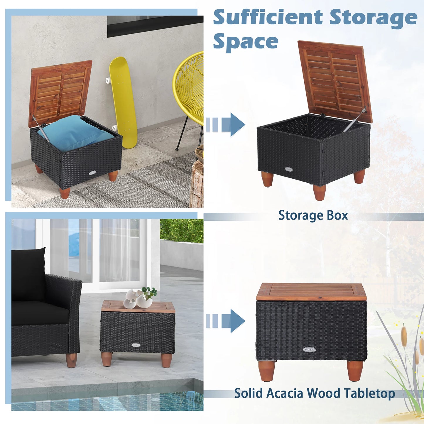 HOMASIS 3 Piece Patio Rattan Sofa Storage Table Wood Top