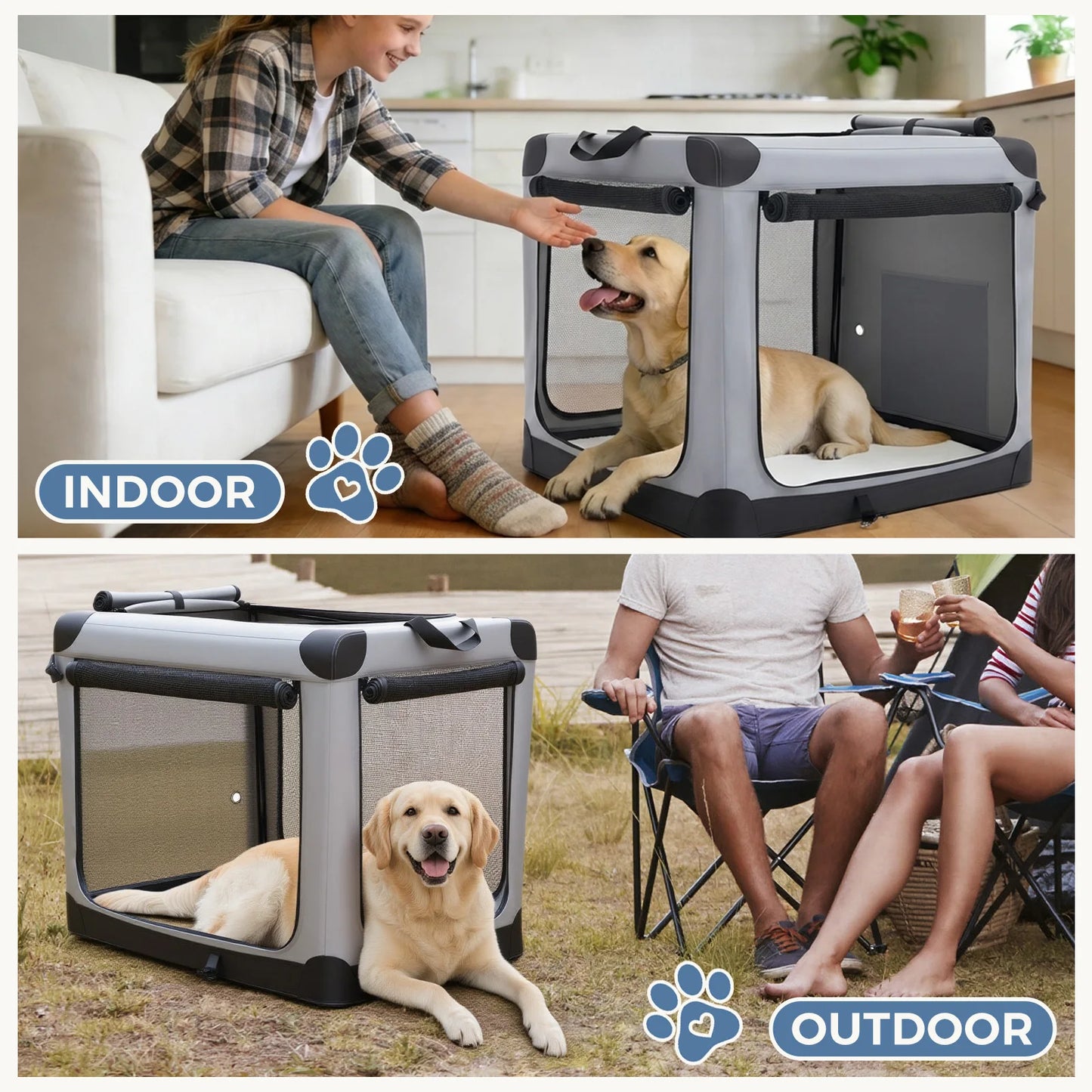 JHK Foldable Soft Dog Crate With Three Doors Indoor