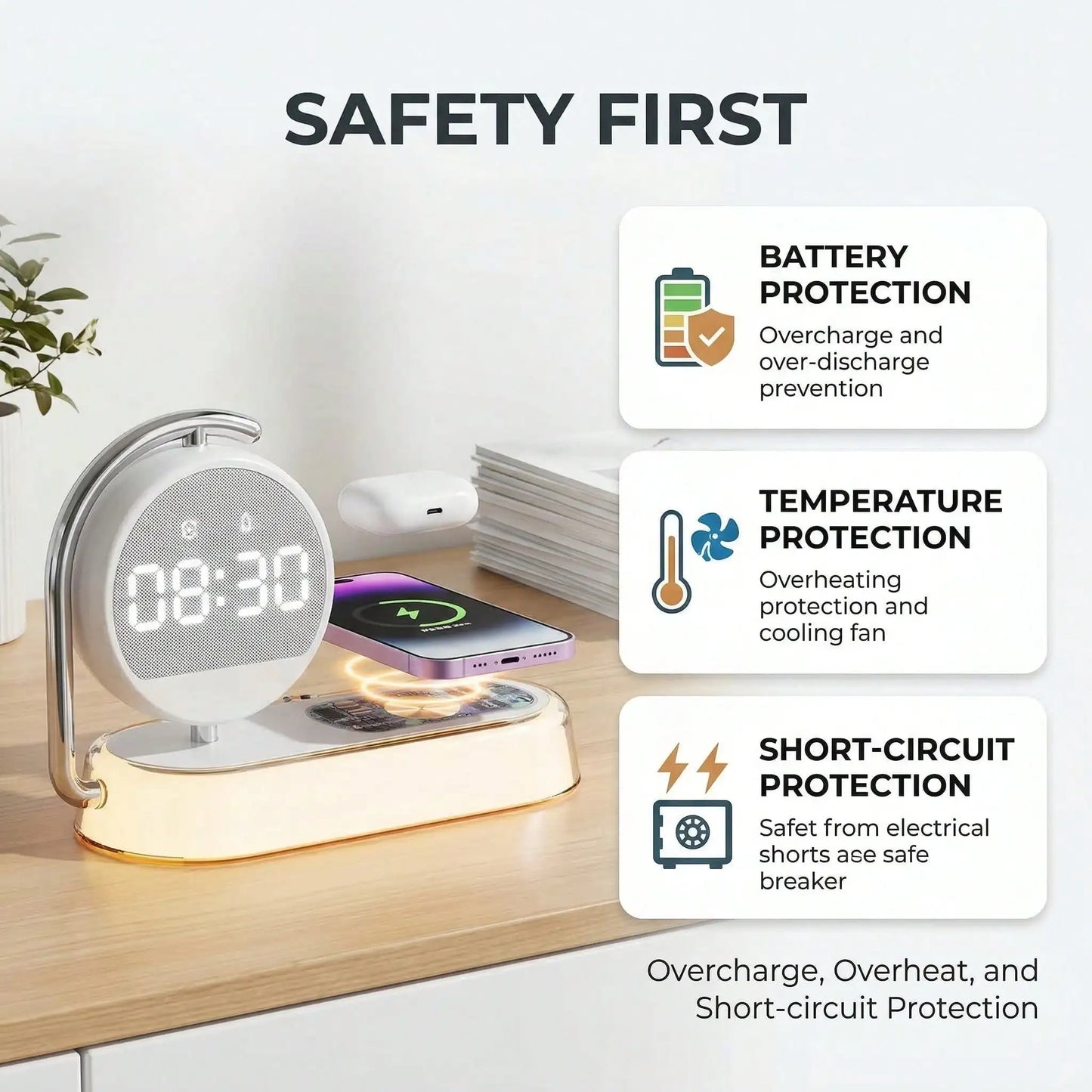 5-In-1 Alarm Clock Night Light With 15W Wireless Charger