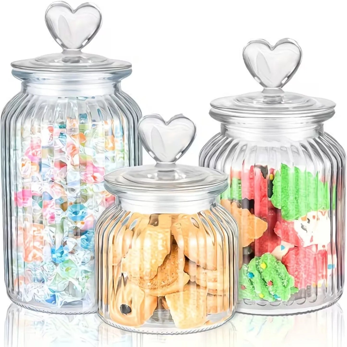 3 Pack Glass Storage Canisters Set Airtight Ribbed Jars