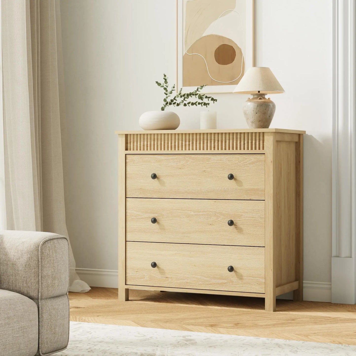 31.5 Inch Fluted Nightstand With 3 Drawers, Natural Oak Finish Wood Bedside Table, Large Modern End Table For Bedroom Storage