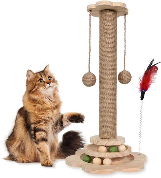 4 In 1 Cat Scratch Post Wooden Cat Scratcher With 2 Tier Catnip Balls