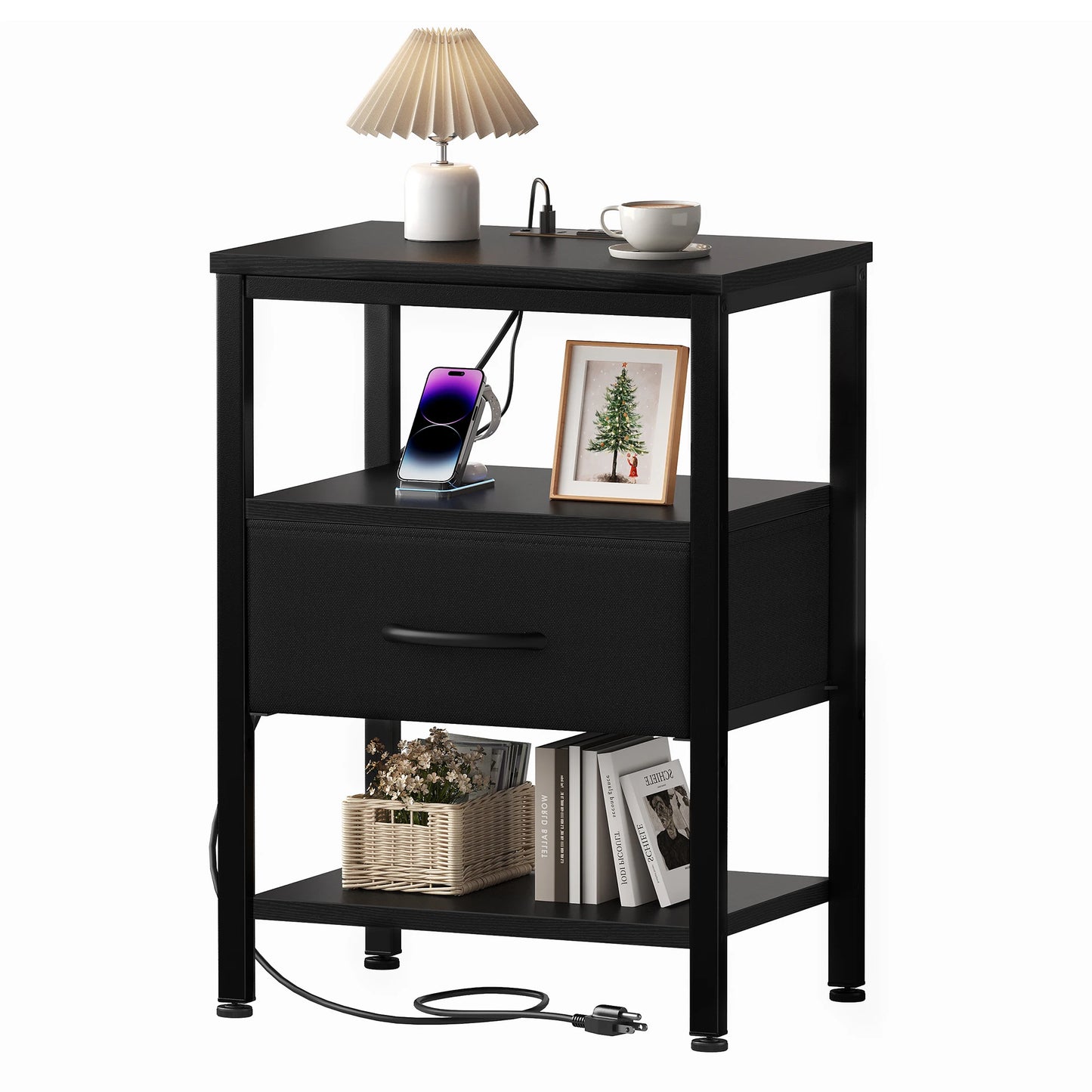 MCQ Nightstand 1 Fabric Drawers with LED Light Strip Cabinets Bedside End Table Storage With Charging Station for Home Furniture