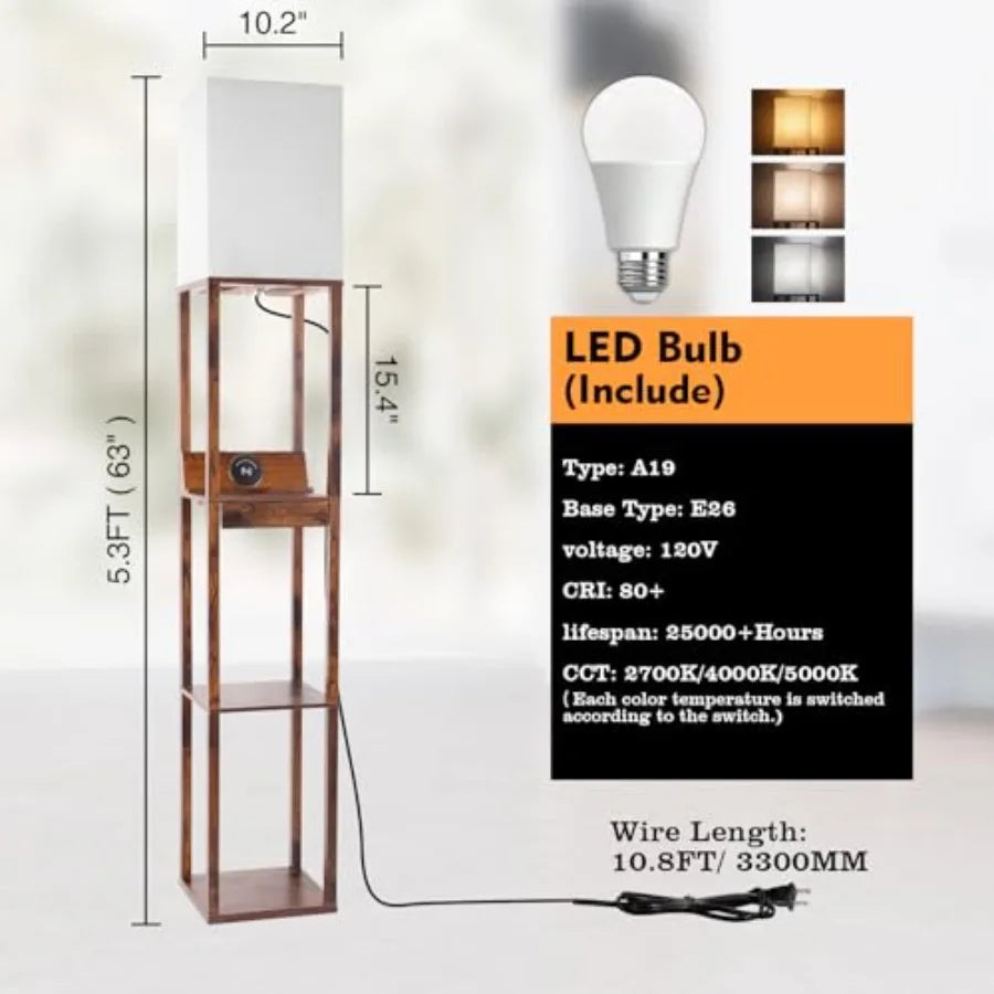 Floor Lamp With Shelves And Wireless Charger USB Ports Drawer