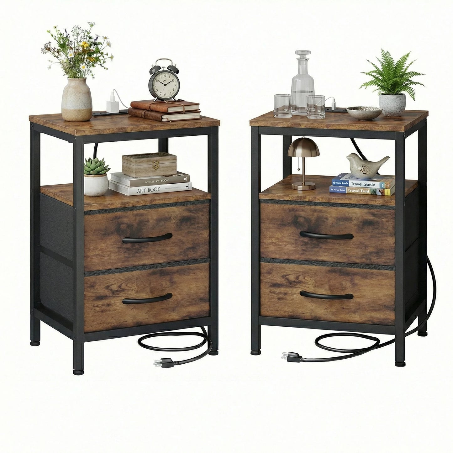 JHK 2 Fabric Drawers Nightstands Set of 2 with Open Shelf Bedside Table with USB Ports Charging Station for Living Room Bedroom