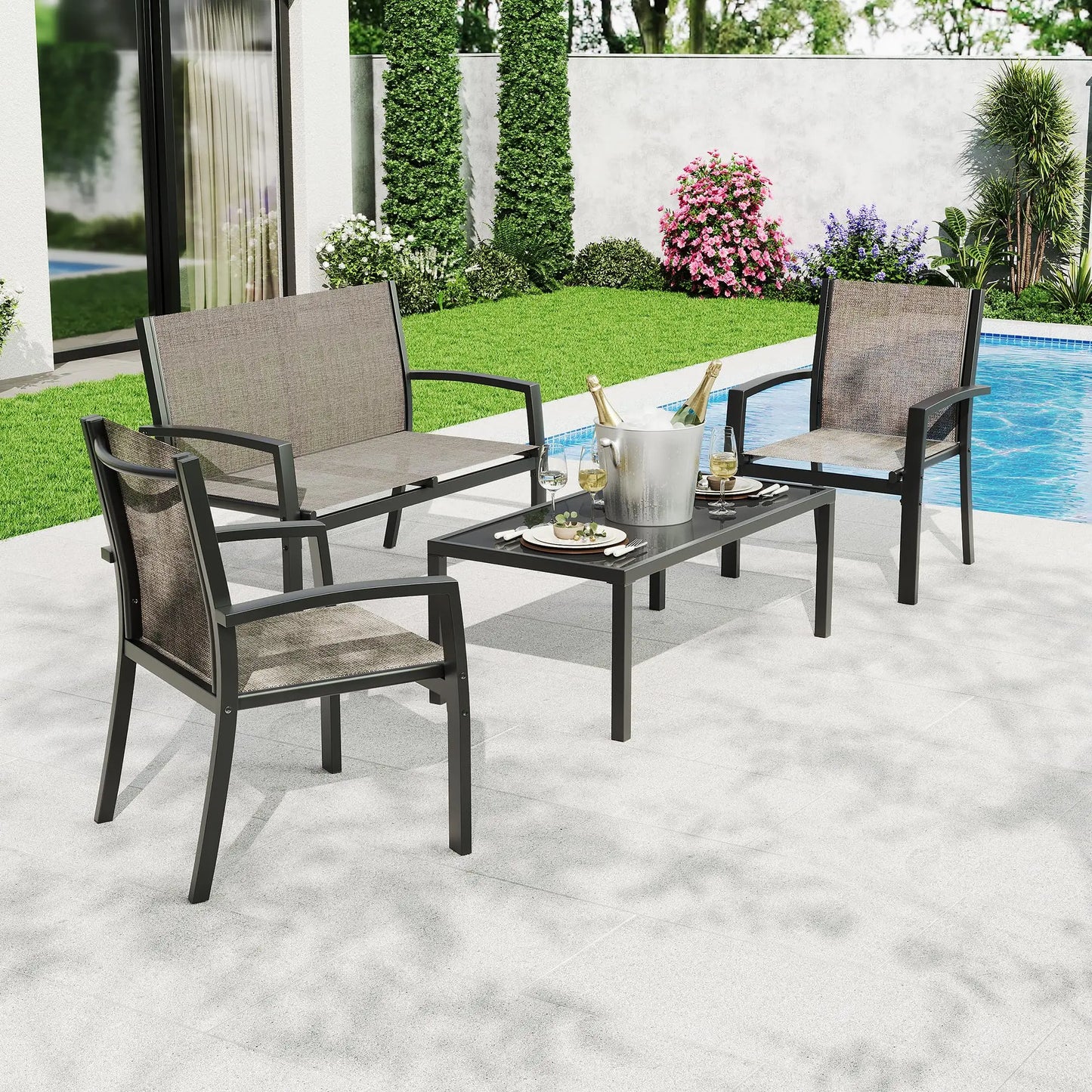 HobbyLane Modern 4 Piece Metal Patio Set With Mesh Table