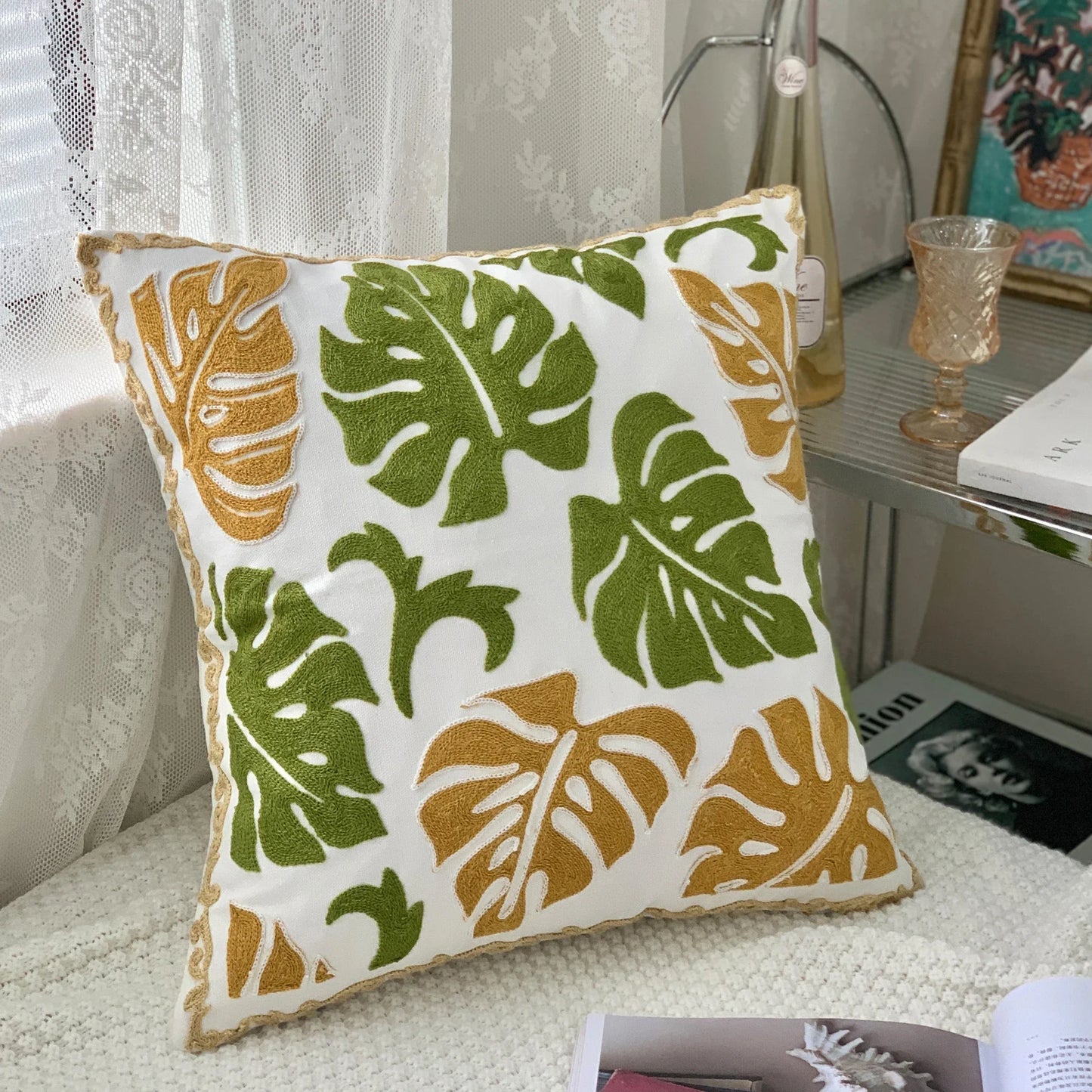 Ethnic Style Floral Embroidered Cotton Pillow Cover