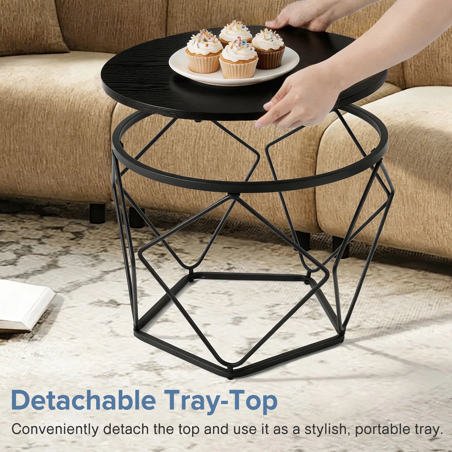 JHK Round Nesting Coffee Tables Metal Frame Storage Living Room