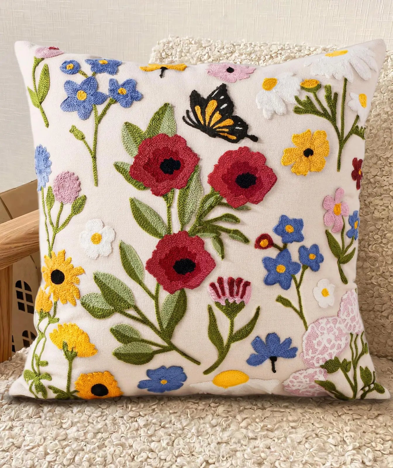 Faux Embroidery Floral Print Double Sided Throw Pillow Cover Decorative Case