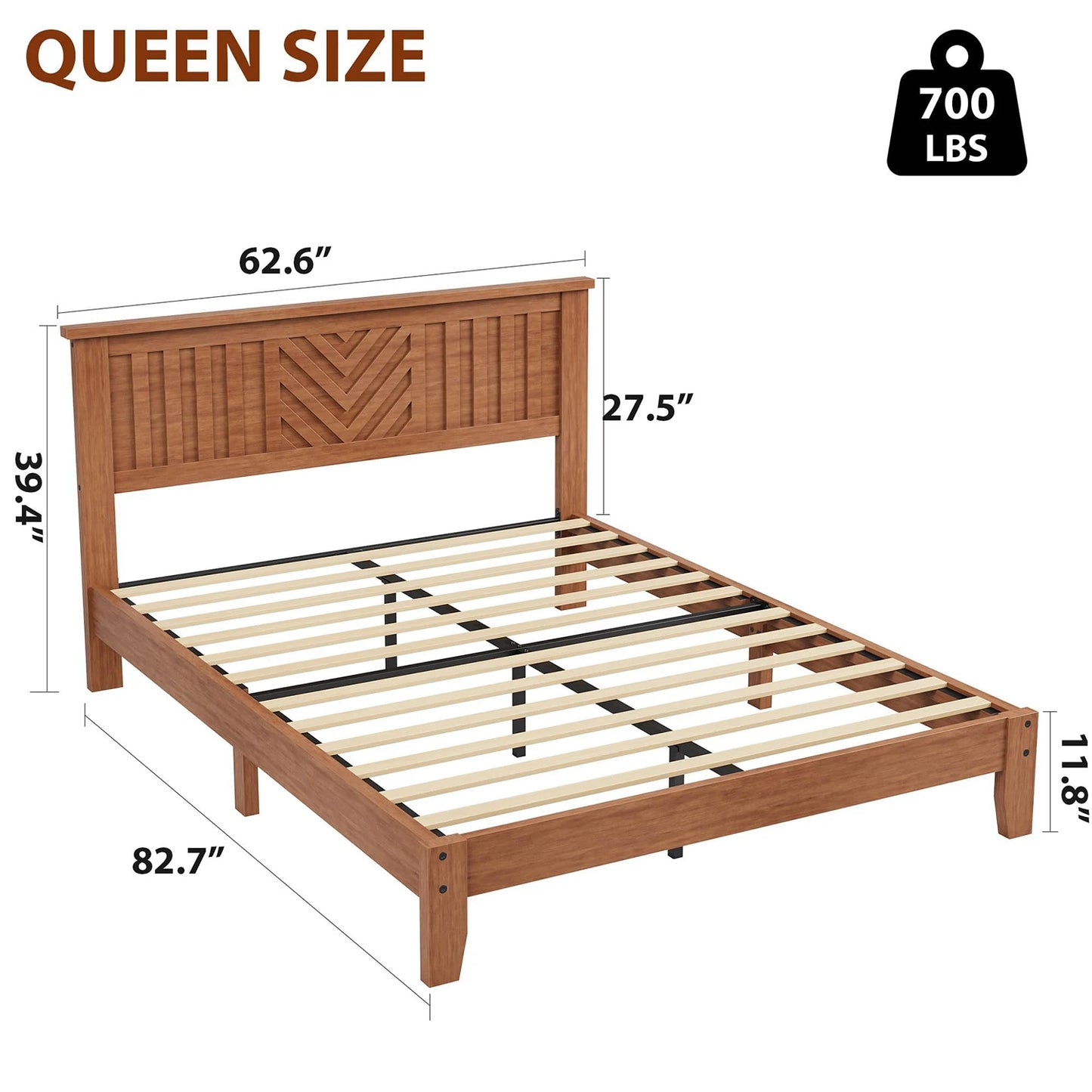 Full Queen King Wooden Platform Bed Frame With V Pattern Headboard, Noise Free Wood Slats, Underbed Storage, No Box Spring Needed