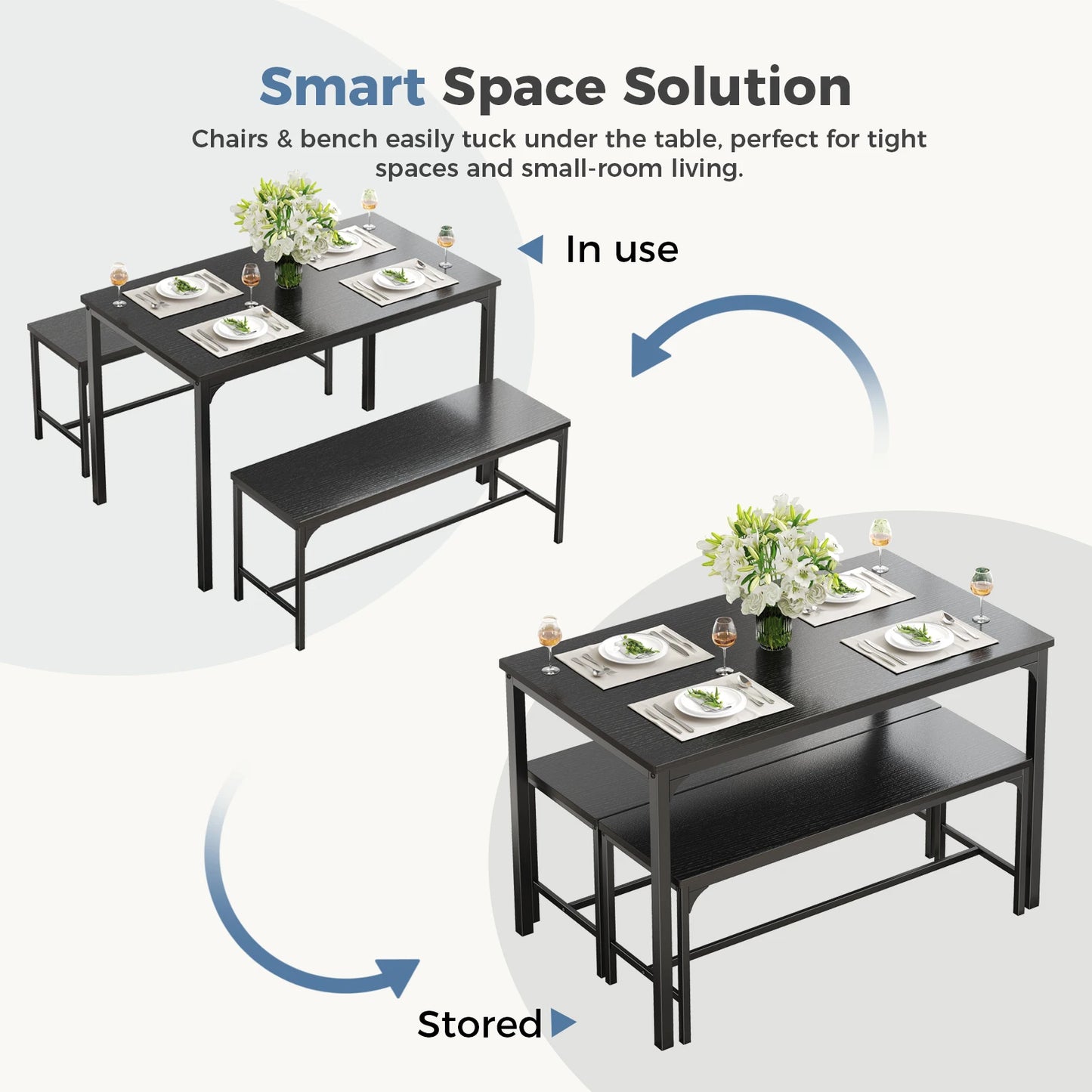 JHK 3-Piece Table And Chair Set With Metal Frame Space Saving