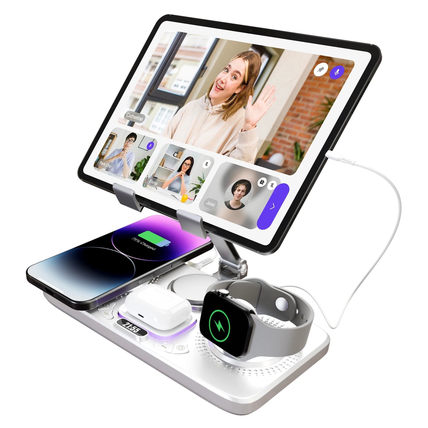 7 In 1 Wireless Charger Station 15W Foldable Alarm Clock