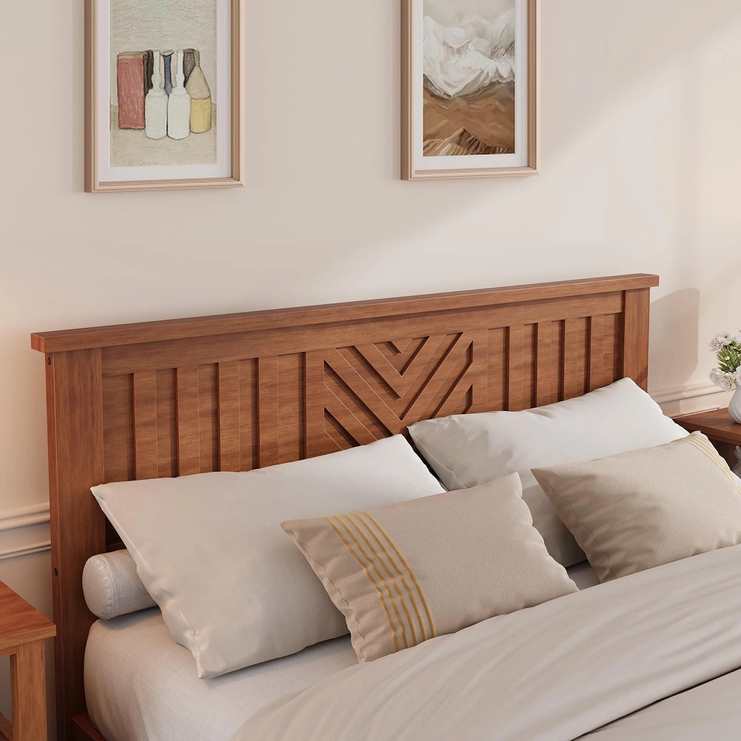 Full Queen King Wooden Platform Bed Frame With V Pattern Headboard, Noise Free Wood Slats, Underbed Storage, No Box Spring Needed