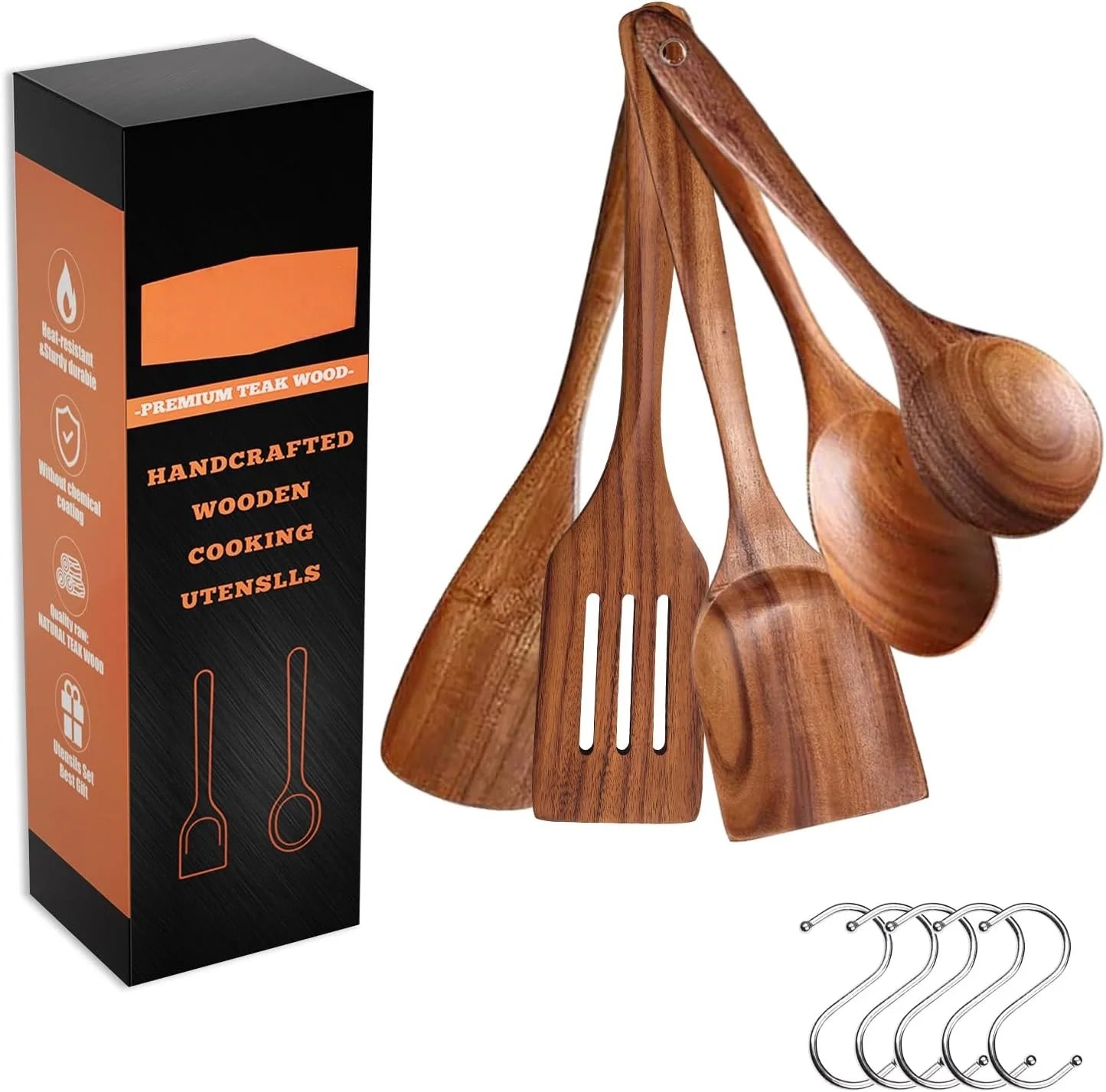 Natural Teak Five Piece Wooden Utensil Set for Nonstick Pans