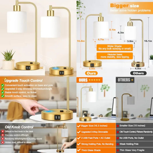 Set Of 2 Industrial Touch Table Lamps With USB Ports