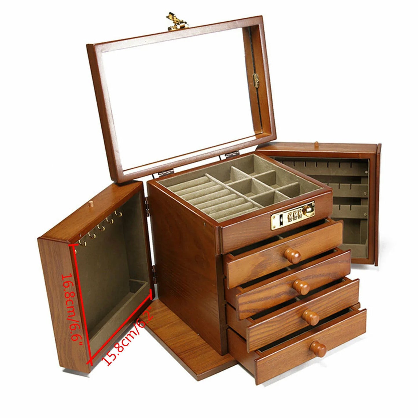 Wooden Jewelry Box With Mirror And Password Lock Four Layer Storage