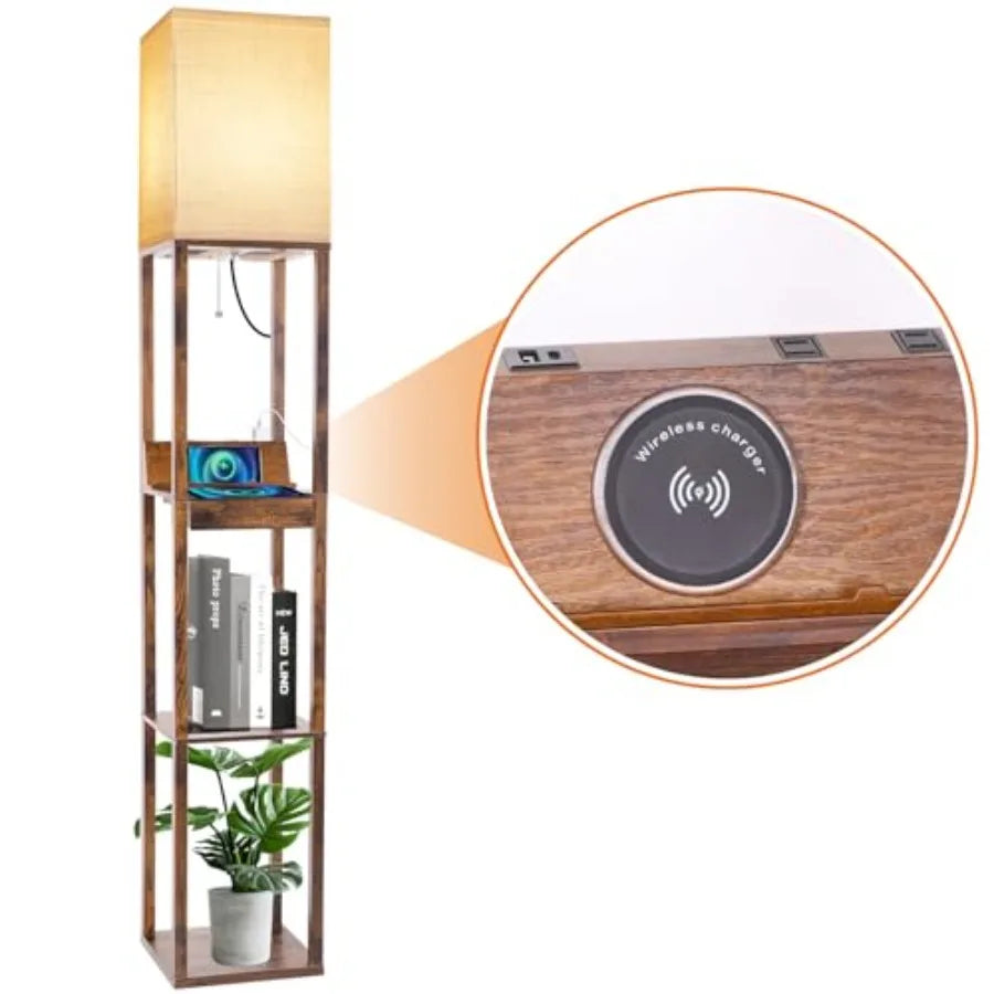 Floor Lamp With Shelves And Wireless Charger USB Ports Drawer